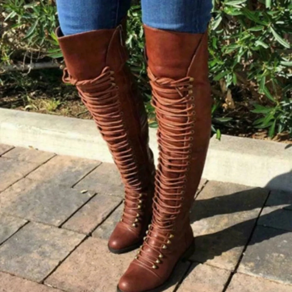 Brown Lace-Up Knee-High Boots